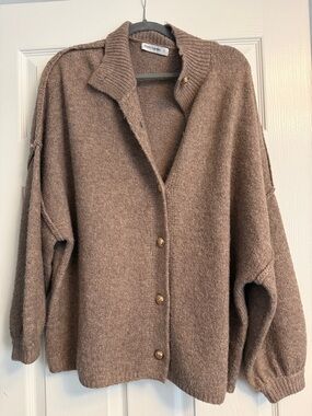 PrettyGardens Taupe Button-Front Cozy Cardigan